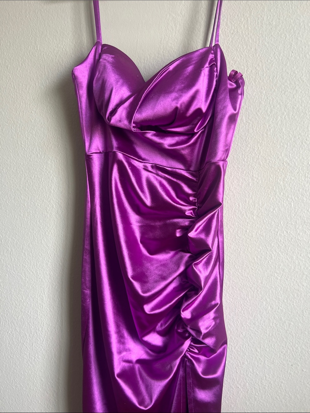 Windsor Purple Satin Ruched Midi Dress with Spaghetti Straps Open Slit